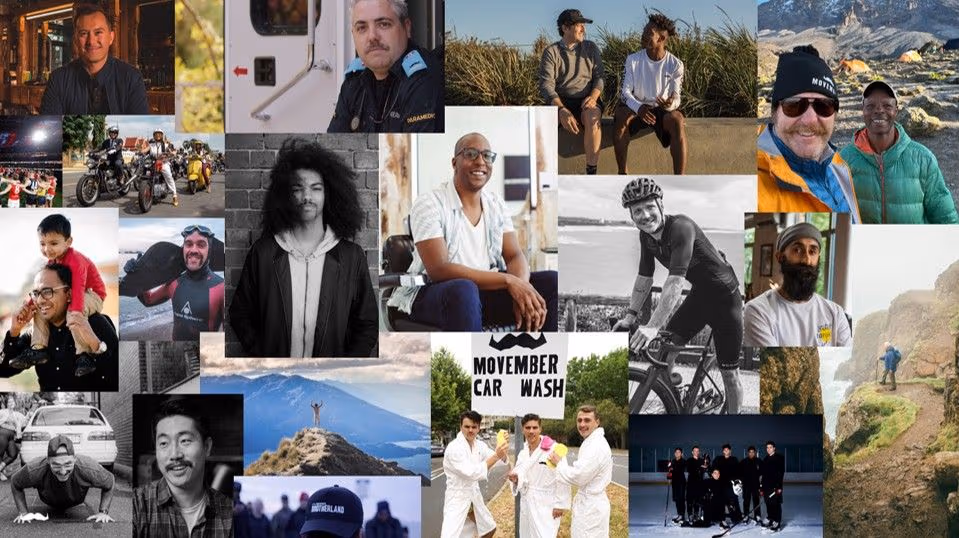 A collage of different photos of people fundraising for Movember