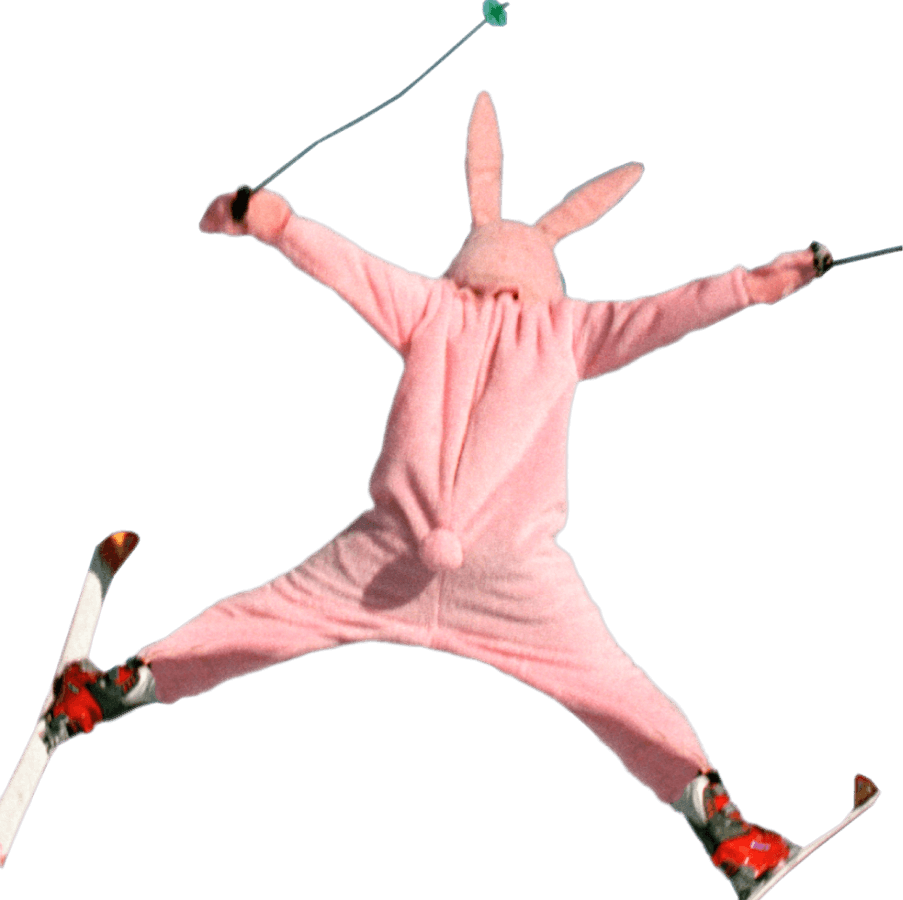 Mid-air photo of a person performing a ski-jump while dressed in a rabbit suit.